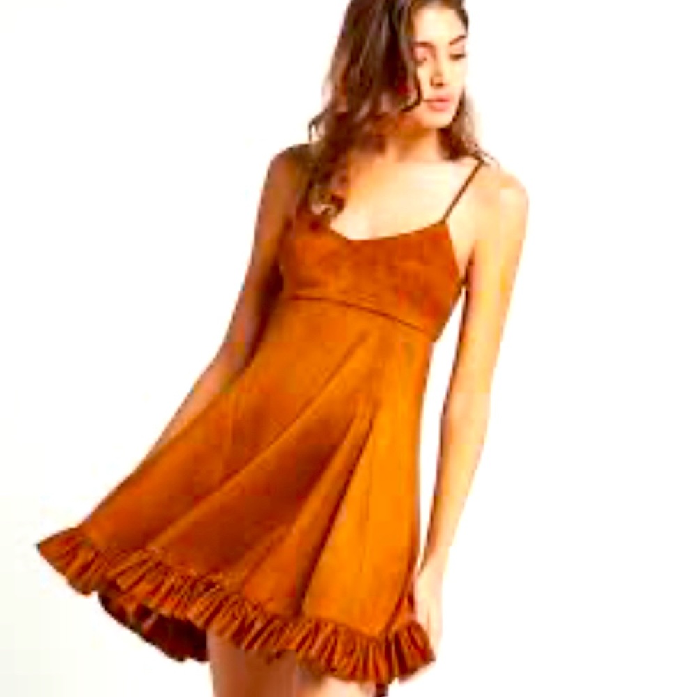 BCBGMaxazaria faux suede, Cognac,  Spaghetti strap, ruffled trim, dress.